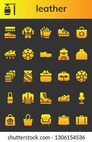 leather icon set. 26 filled leather icons.  Collection Of - Shoes, Punching bag, Jacket, Football gloves, Shoe, Bag, Sport shoe, Soccer ball, Purse, Fabric, Suitcase, Football