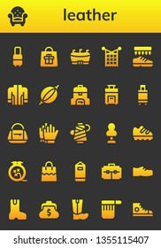 leather icon set. 26 filled leather icons.  Collection Of - Suitcase, Armchair, Bag, Football, Knit, Shoes, Jacket, Punching bag, Football gloves, Thread, Shoe, Boot, Purse, Boots