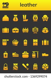 leather icon set. 26 filled leather icons.  Collection Of - Purse, Sewing, Bag, Boots, Armchair, Suitcase, Football, Jacket, Football gloves, Punching bag, Shoe, Shoes, Baseball