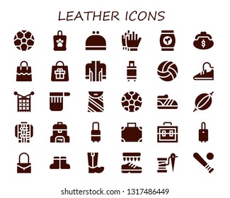 leather icon set. 30 filled leather icons.  Simple modern icons about  - Soccer ball, Bag, Purse, Football gloves, Jacket, Suitcase, Volleyball, Sport shoes, Knit, Football, Shoe