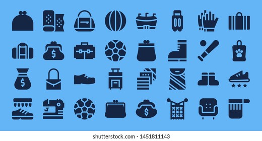 leather icon set. 32 filled leather icons. on blue background style Collection Of - Purse, Bag, Shoes, Fabric, Sewing, Suitcase, Football, Volleyball, Soccer ball, Boots, Knit