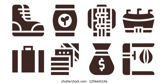  leather icon set. 8 filled leather icons. Simple modern icons about  - Suitcase, Boots, Fabric, Bag, Jacket, Punching bag, Football