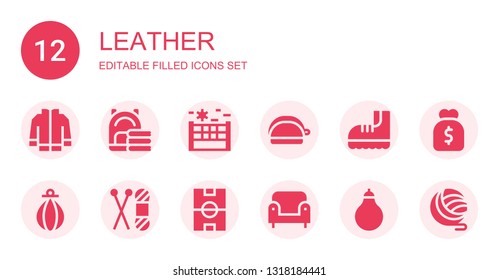 leather icon set. Collection of 12 filled leather icons included Jacket, Bag, Volleyball, Purse, Boots, Punching bag, Knit, Football field, Armchair, Yarn
