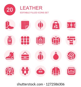 leather icon set. Collection of 20 filled leather icons included Boots, Fabric, Punching bag, Bag, Football field, Thread, Baggage, Jacket, Knit, Boot, Volleyball, Football, Purse