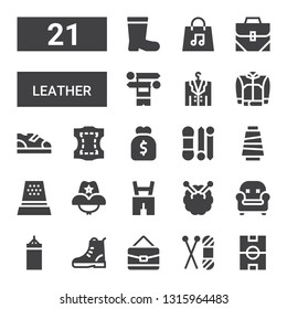 leather icon set. Collection of 21 filled leather icons included Football field, Knit, Bag, Boot, Punching bag, Armchair, Knitting, Lederhosen, Cowboy hat, Thimble, Thread, Purse