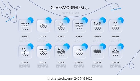 Leather icon set. Cosmetics, treatment, pimple, acne, moisturizing, beauty, elasticity, sunscreen. Glassmorphism style. Vector line icon for business and advertising