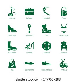 leather icons. Editable 16 leather icons. Included icons such as Sewing, Suitcase, Baseball, Purse, High Heels, Overstitch, Boot, Lingerine Set. leather trendy icons for web.