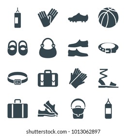 Leather icons. set of 16 editable filled leather icons such as baby shoes, belt, gloves, man shoe, bag, boxing bag, basketball, luggage, soccer trainers