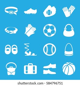 leather icons set. Set of 16 leather filled icons such as baby shoes, belt, gloves, sandals, man shoe, bag, basketball, luggage, soccer trainers, baseball glove, baseball