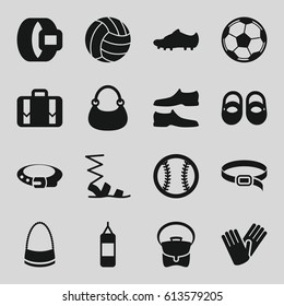 Leather icons set. set of 16 leather filled icons such as baby shoes, belt, sandals, man shoe, bag, gloves, luggage, soccer trainers, baseball, volleyball, fotball