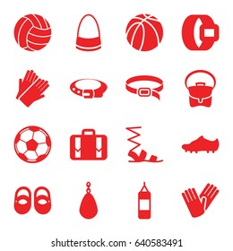 Leather icons set. set of 16 leather filled icons such as baby shoes, belt, gloves, sandals, bag, basketball, luggage, soccer trainers, volleyball, fotball