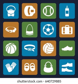 Leather icons set. set of 16 leather filled icons such as baby shoes, belt, man shoe, bag, gloves, basketball, luggage, soccer trainers, baseball, volleyball, fotball