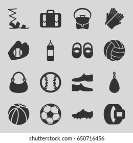 Leather icons set. set of 16 leather filled icons such as baby shoes, gloves, sandals, man shoe, bag, basketball, luggage, soccer trainers, baseball glove, baseball