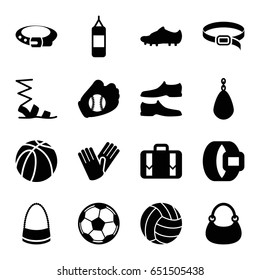 Leather icons set. set of 16 leather filled icons such as belt, sandals, man shoe, bag, gloves, basketball, luggage, soccer trainers, baseball glove, volleyball, fotball