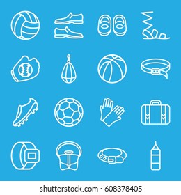 Leather icons set. set of 16 leather outline icons such as baby shoes, belt, gloves, sandals, man shoe, bag, basketball, luggage, soccer trainers, baseball glove, volleyball