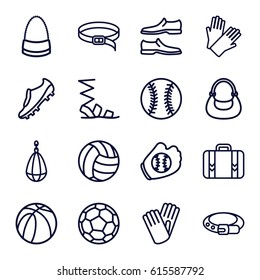 Leather icons set. set of 16 leather outline icons such as belt, gloves, sandals, man shoe, bag, basketball, luggage, soccer trainers, baseball glove, baseball, volleyball