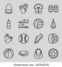 Leather icons set. set of 16 leather outline icons such as baby shoes, belt, gloves, man shoe, bag, basketball, soccer trainers, baseball, volleyball, fotball