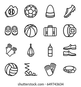 Leather icons set. set of 16 leather outline icons such as baby shoes, belt, gloves, sandals, man shoe, bag, basketball, luggage, soccer trainers, baseball glove, volleyball