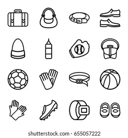 Leather icons set. set of 16 leather outline icons such as baby shoes, belt, gloves, man shoe, bag, basketball, luggage, soccer trainers, baseball glove, fotball