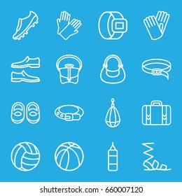 Leather icons set. set of 16 leather outline icons such as baby shoes, belt, gloves, sandals, man shoe, bag, basketball, luggage, soccer trainers, volleyball
