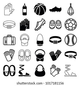 Leather icons. set of 25 editable filled and outline leather icons such as bag, gloves, belt, boxing bag, basketball, soccer trainers, baby shoes, luggage, baseball, fotball