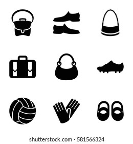 leather icons set. Set of 9 leather filled icons such as baby shoes, man shoe, bag, gloves, luggage, soccer trainers