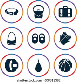 Leather icons set. set of 9 leather filled icons such as baby shoes, belt, gloves, bag, basketball, luggage