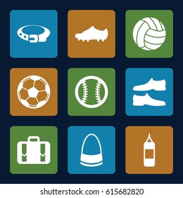Leather icons set. set of 9 leather filled icons such as belt, man shoe, bag, luggage, soccer trainers, baseball, volleyball, fotball