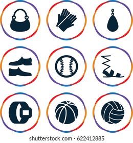 Leather icons set. set of 9 leather filled icons such as gloves, sandals, man shoe, bag, basketball, baseball, volleyball, belt
