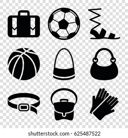 Leather icons set. set of 9 leather filled icons such as gloves, sandals, bag, belt, basketball, luggage