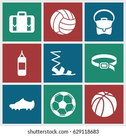 Leather icons set. set of 9 leather filled icons such as sandals, bag, belt, basketball, luggage, soccer trainers, volleyball, fotball