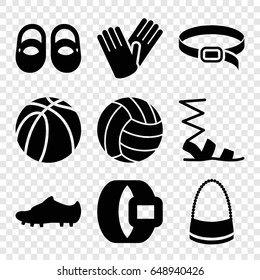 Leather icons set. set of 9 leather filled icons such as baby shoes, sandals, bag, gloves, belt, basketball, soccer trainers