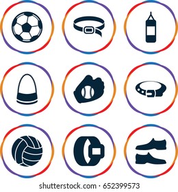 Leather icons set. set of 9 leather filled icons such as belt, man shoe, bag, baseball glove, volleyball, fotball