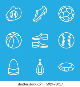leather icons set. Set of 9 leather outline icons such as belt, man shoe, bag, basketball, soccer trainers, baseball glove, baseball, fotball