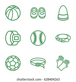 Leather icons set. set of 9 leather outline icons such as baby shoes, belt, gloves, bag, basketball, baseball