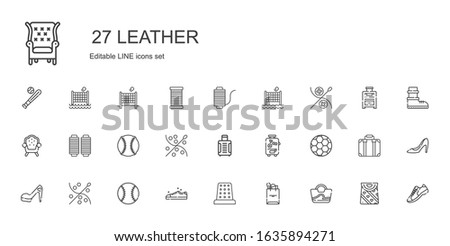 leather icons set. Collection of leather with bag, tote bag, thimble, sneakers, baseball, sewing, high heels, football, suitcase, thread. Editable and scalable leather icons.