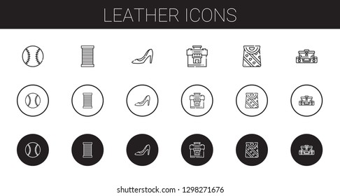 leather icons set. Collection of leather with baseball, thread, high heels, suitcase, bag. Editable and scalable leather icons.