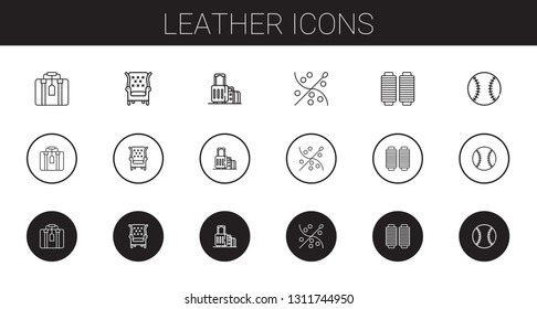 leather icons set. Collection of leather with suitcase, armchair, sewing, thread, baseball. Editable and scalable leather icons.