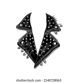 Leather jacket collar template. Vector illustration in engraving technique of spiked collar. Isolated on white.