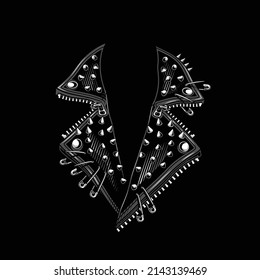 Leather jacket collar template. Vector illustration in engraving technique of spiked collar. Isolated on black.