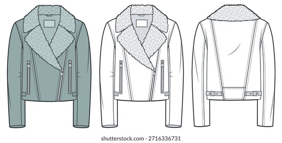 Lederjacke mit Pelzkragen Technische Mode Illustration. Shearling Aviator Jacke Mode flache technische Zeichnung Vorlage, Vorder-und Rückansicht, weiß, grün, Frauen, Männer, Unisex CAD mockup.