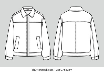 Leather jacket. Men's casual clothing. Vector technical sketch. Mockup template.