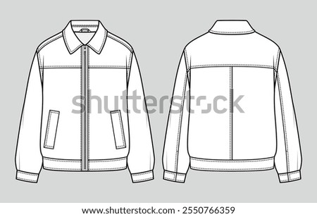 Leather jacket. Men's casual clothing. Vector technical sketch. Mockup template.