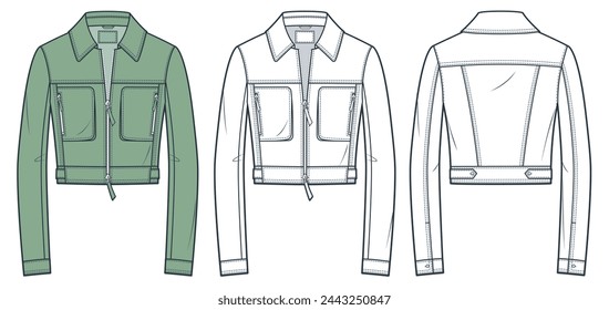 Leather Jacket technical fashion illusrtation. Denim Jacket fashion flat technical drawing template, zip-up, pockets, slim fit, front, back view, white, olive green, women, men, unisex CAD mockup set.