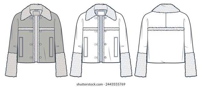 Ilustración técnica de moda de la chaqueta de cuero. Plantilla de dibujo técnico de moda de la chaqueta del bombardero, manga de campana raglán, botones, piel, vista frontal y posterior, blanco, gris, mujeres, hombres, conjunto de maquetas CAD unisex.