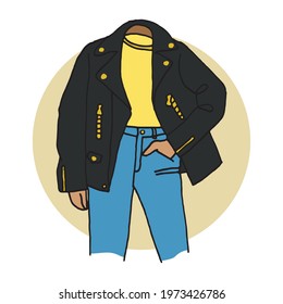 Leather Jacket, T-shirt and jeans hand drawn. Color drawing. Vector EPS 10
