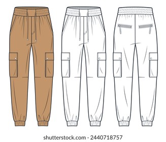 Jogger Pantalones de cuero ilustración de moda técnica. Pantalones vaqueros de moda plantilla de dibujo técnico plano, cintura elástica, vista frontal y posterior, blanco, marrón camello, mujeres, hombres, conjunto de maquetas CAD unisex.