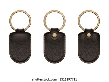 Leather key rings set. Key chains trinkets accessory vector design.