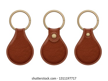 Leather key rings set. Key chains trinkets accessory vector design.