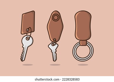 Leather keychain with different ring, chain and keys vector illustration. Set of bunch of different house keychain vector design. Metal keychain collection object icon concept.